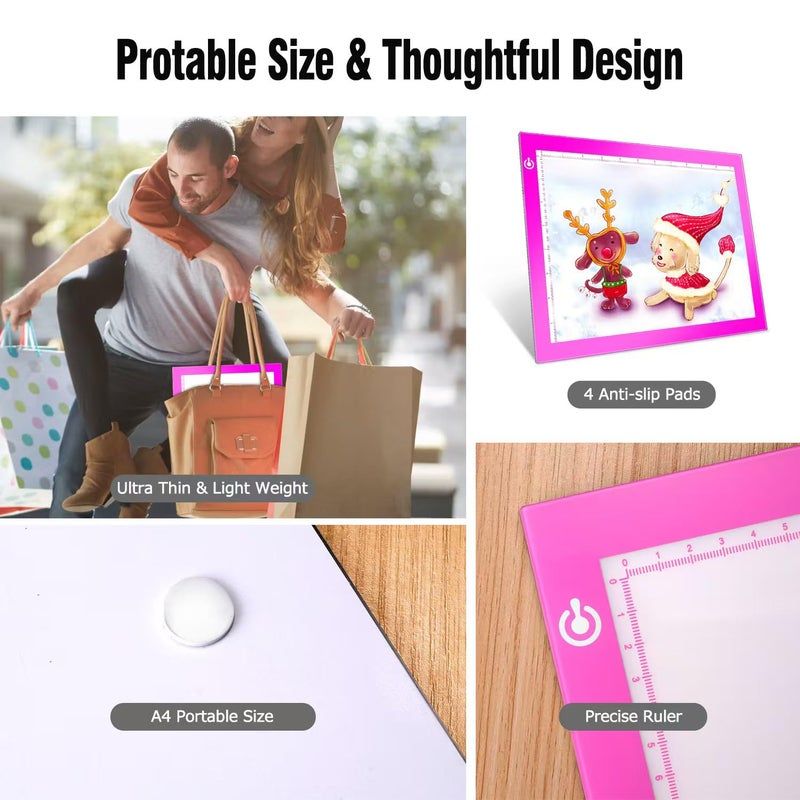 LooEooDoo Pink A4 Dimmable LED Artcraft Light Box Tracer Slim Light Pad Portable Tablet, USB Power Cable Copy Drawing Board Tracing Table for Artists Designing, Animation, Sketching, Stenciling X-ray Viewing - Image 4